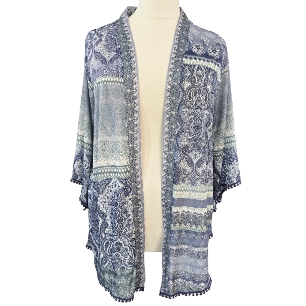 Catherines Purple Boho Paisley Open Front Lightweight Cardigan Lace Trim